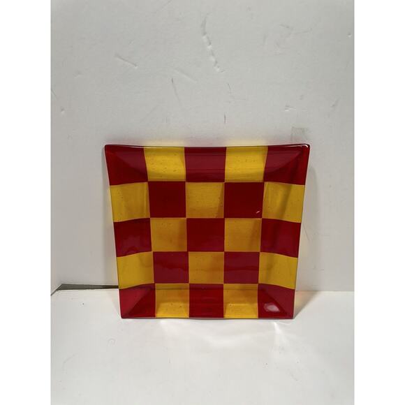 Art glass Plate Chess checked Red & Yellow 10” Square Dish